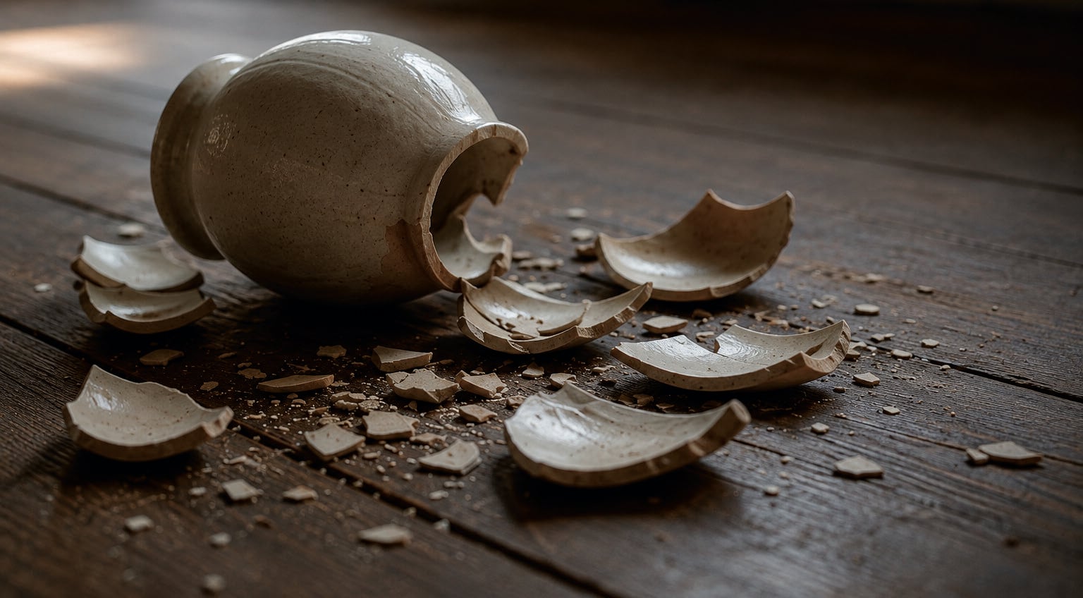 Broken pottery on the floor